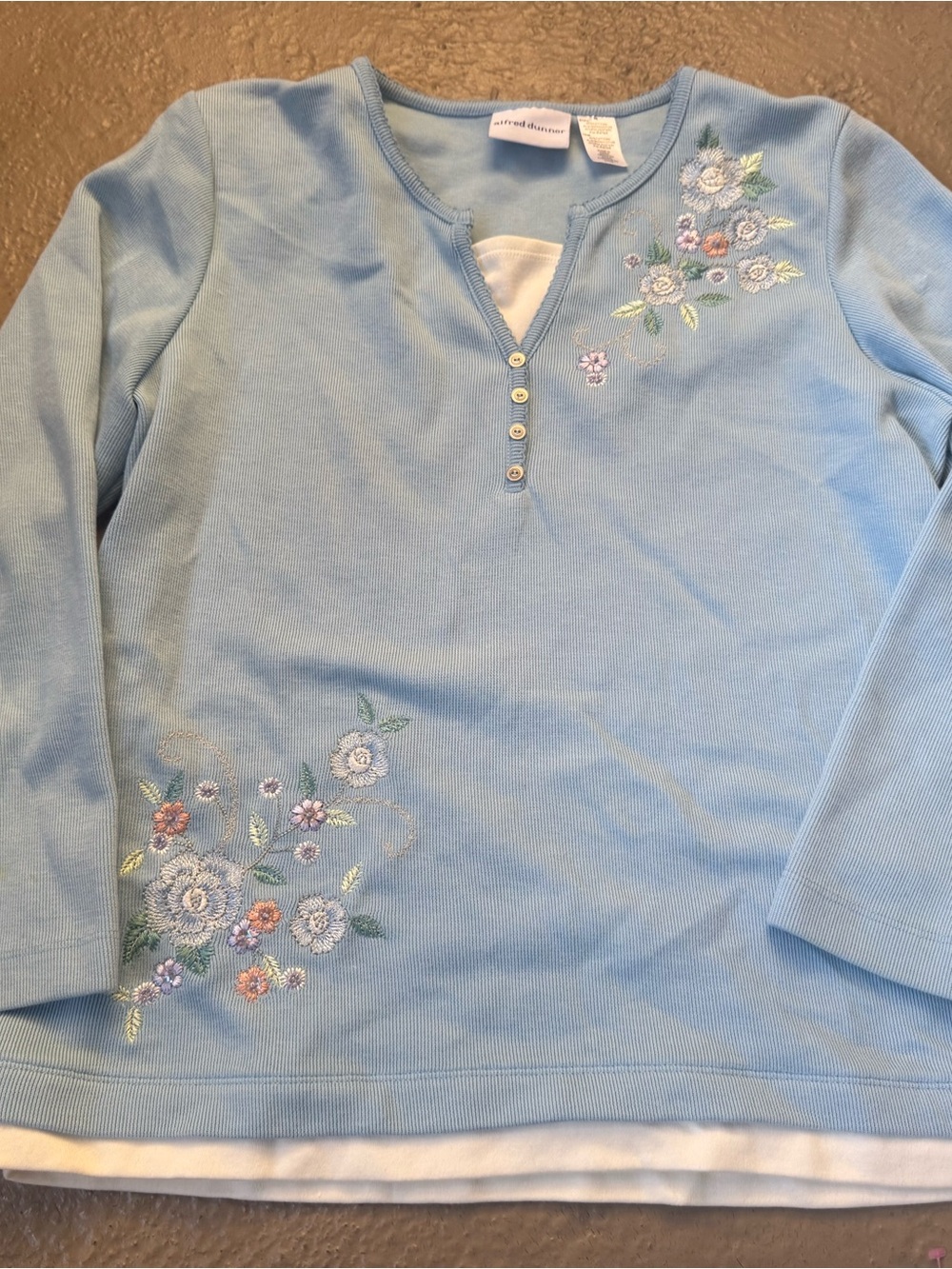 Alfred Dunner Sky Blue Long-Sleeve Henley with Floral Embroidery